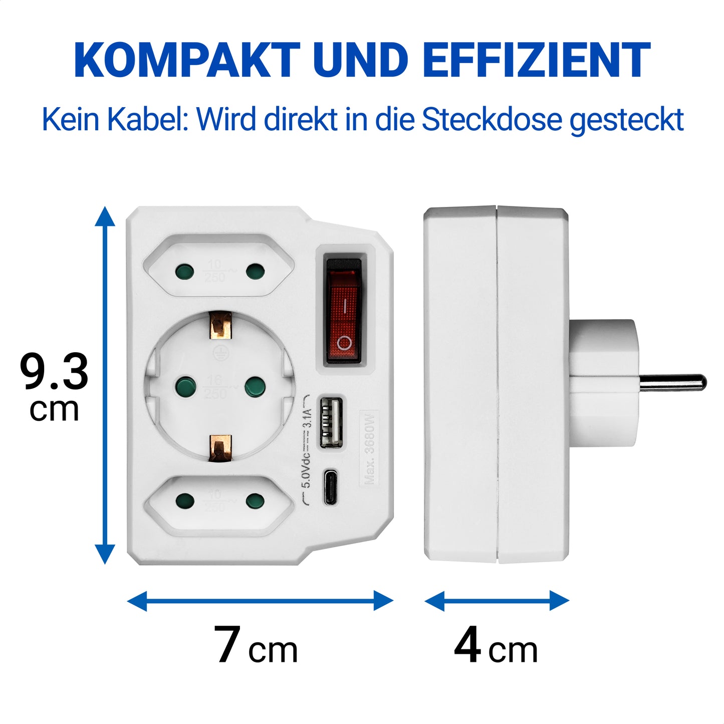 Ladrón de Enchufes Vertical 3 Tomas, USB C, Interruptor