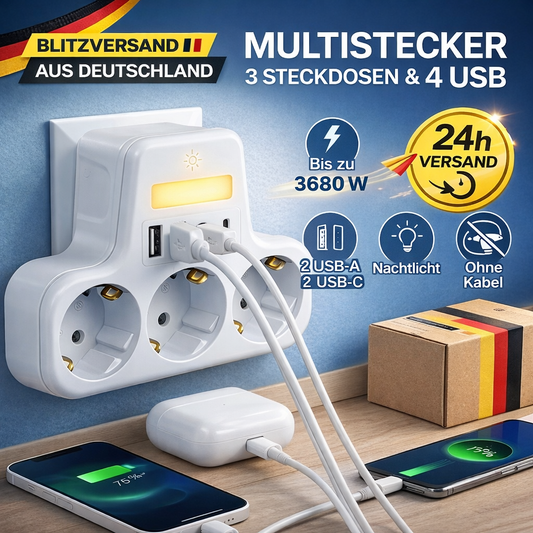 Ladrón de Enchufes 3 Tomas tipo F, USB C, Luz Nocturna