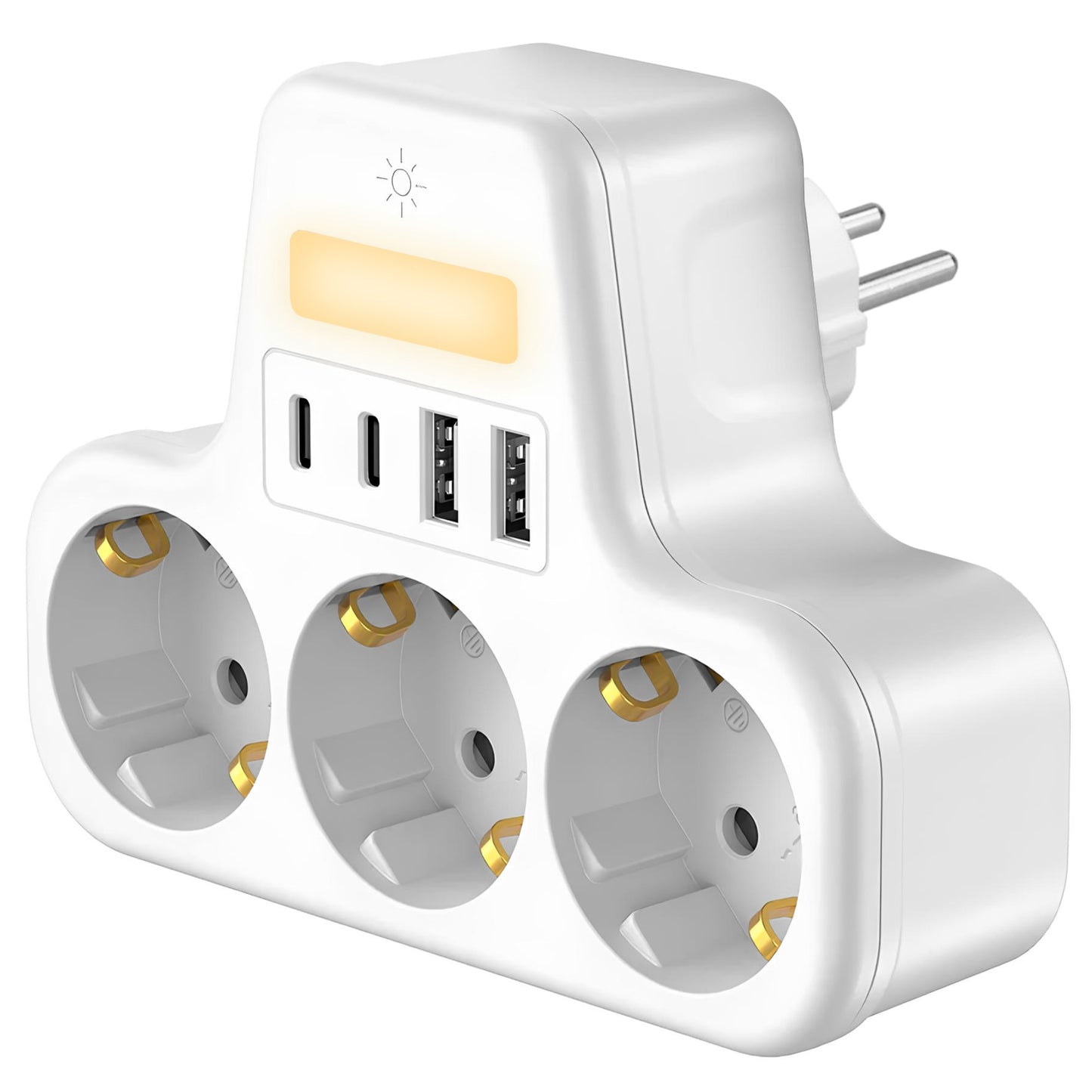 Ladrón de Enchufes 3 Tomas tipo F, USB C, Luz Nocturna