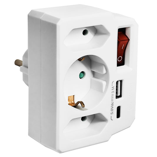 Ladrón de Enchufes Vertical 3 Tomas, USB C, Interruptor