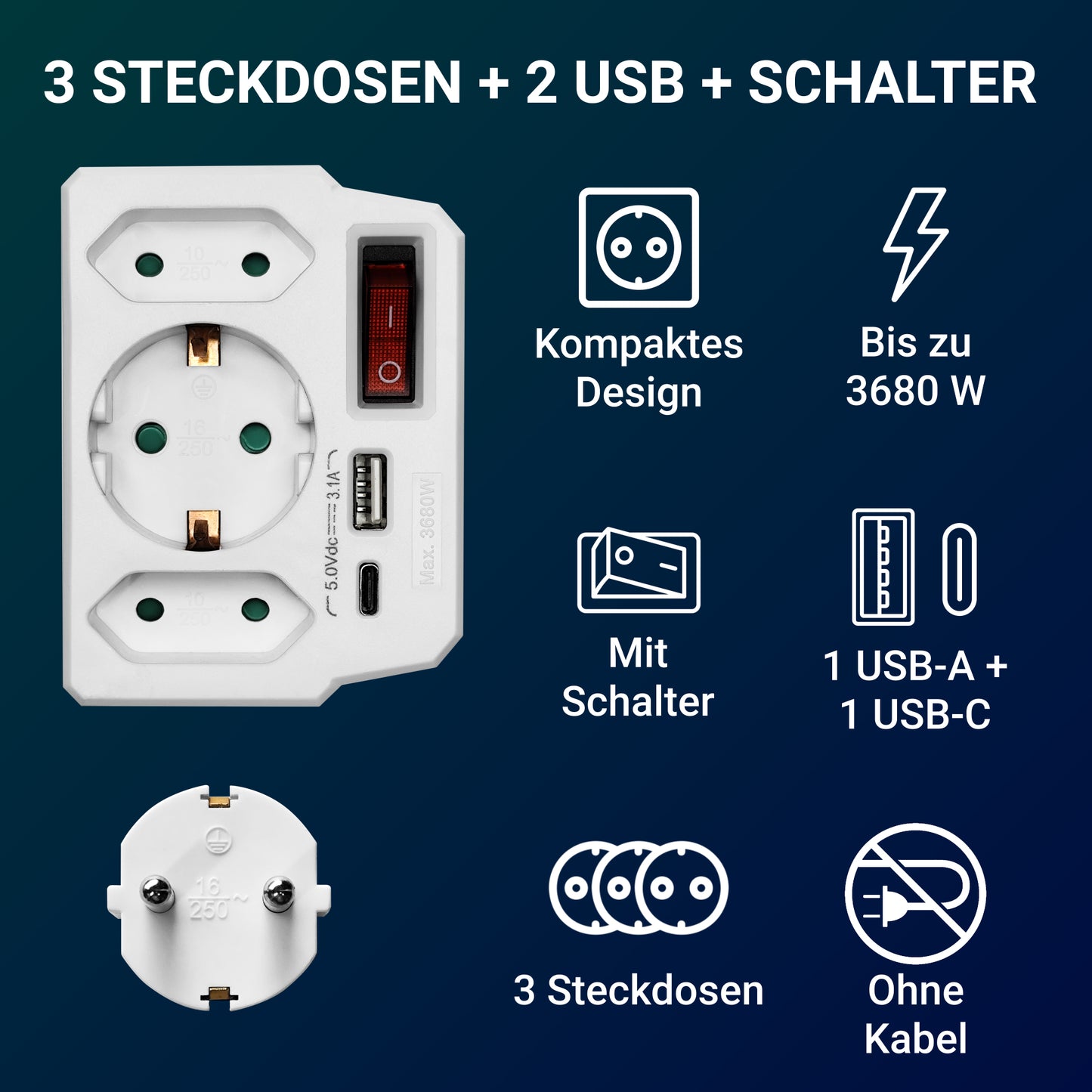 Ladrón de Enchufes Vertical 3 Tomas, USB C, Interruptor