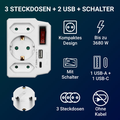 Ladrón de Enchufes Vertical 3 Tomas, USB C, Interruptor
