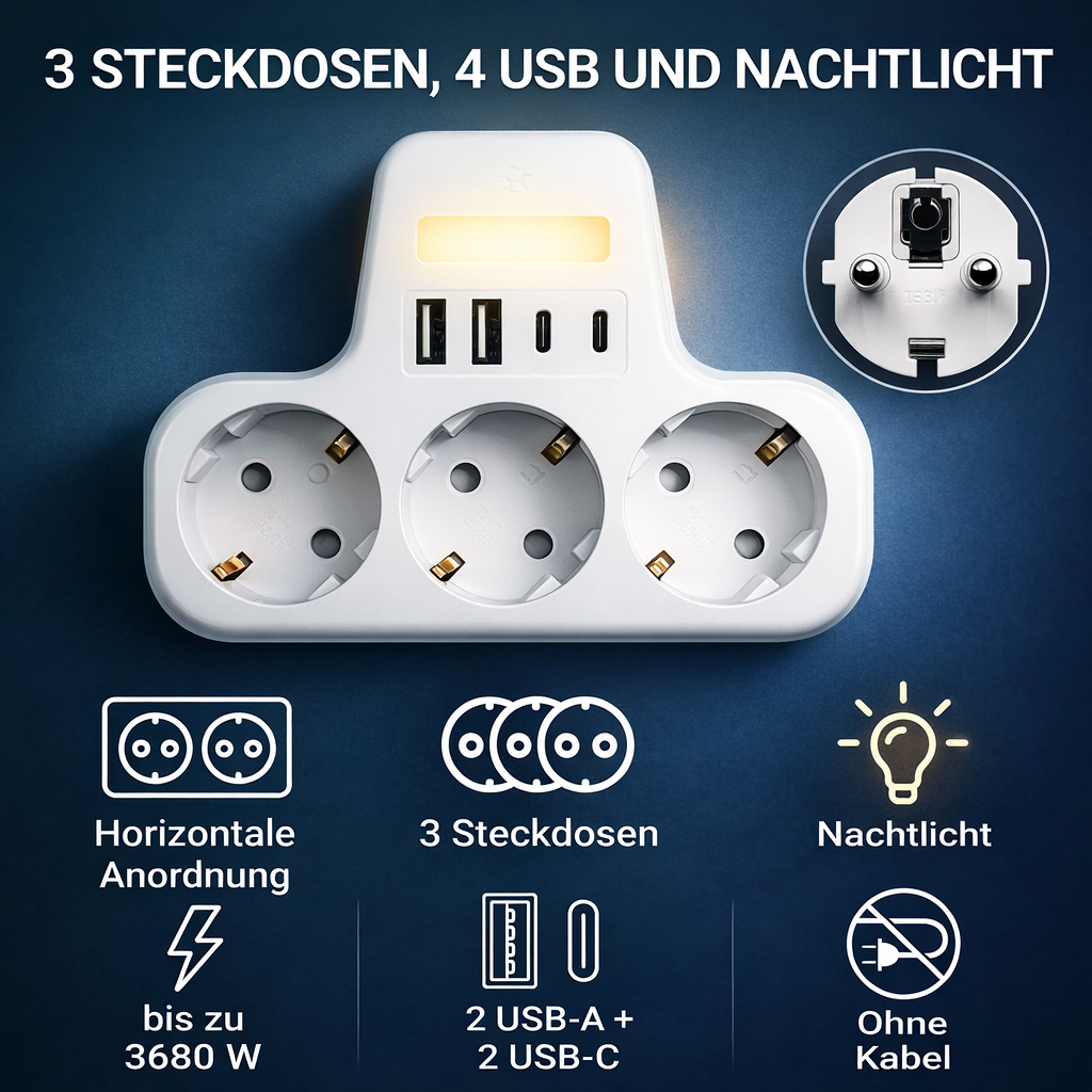 Ladrón de Enchufes 3 Tomas tipo F, USB C, Luz Nocturna