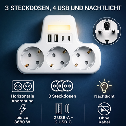 Ladrón de Enchufes 3 Tomas tipo F, USB C, Luz Nocturna